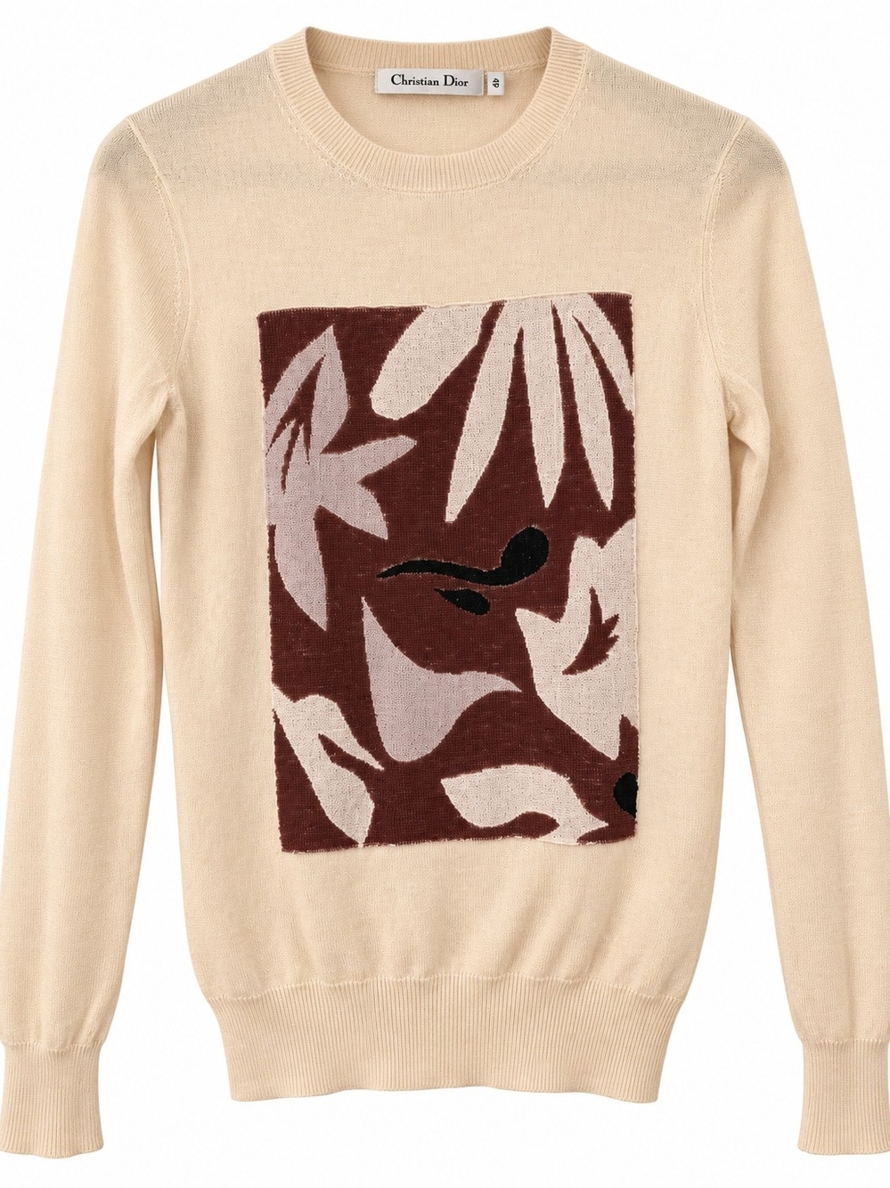 Dior Cream Crewneck Sweater with Brown and Black Botanical Panel